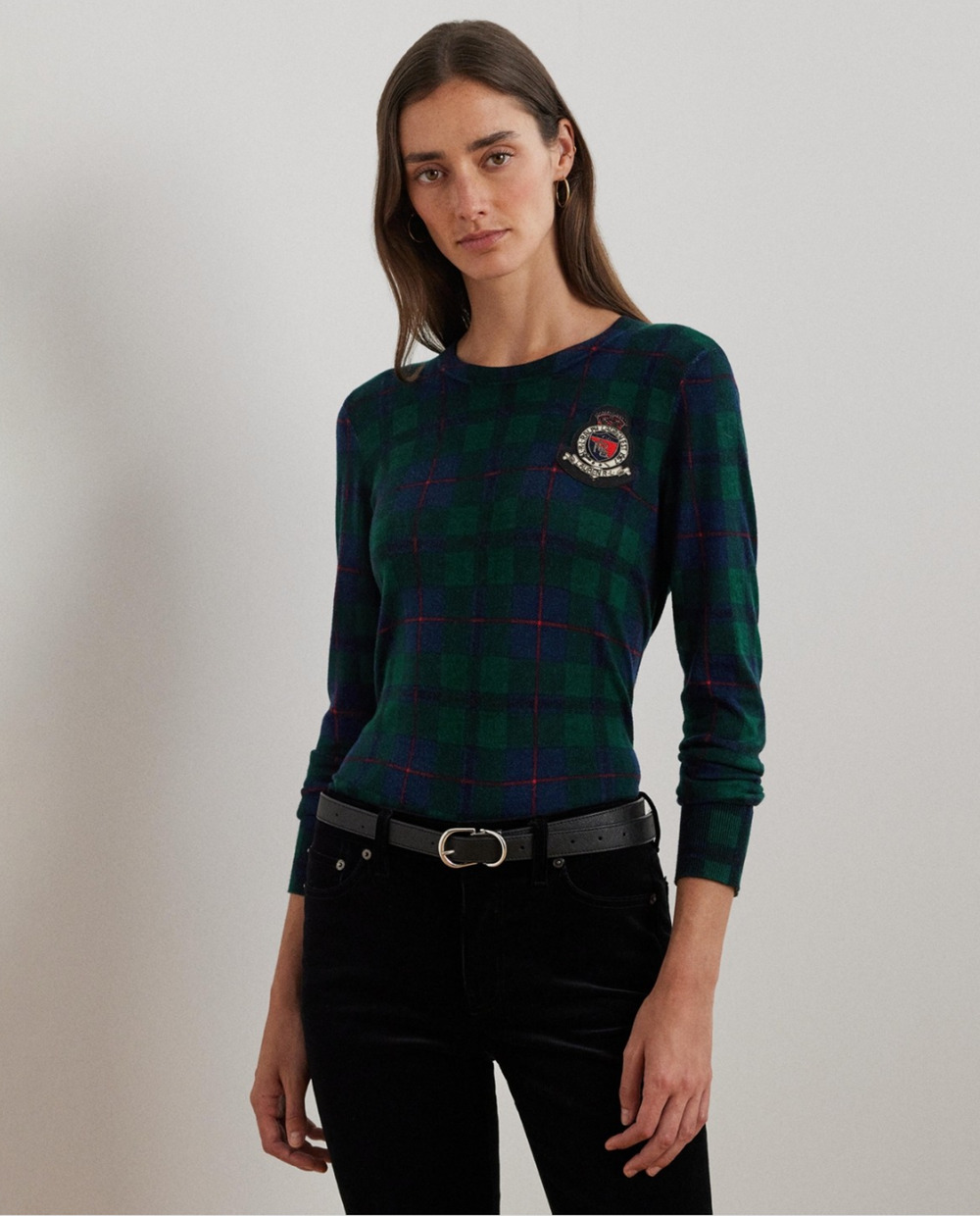 Lauren Ralph Lauren Women Black Watch Plaid Beaded Crest Sweater Green Size 2XL